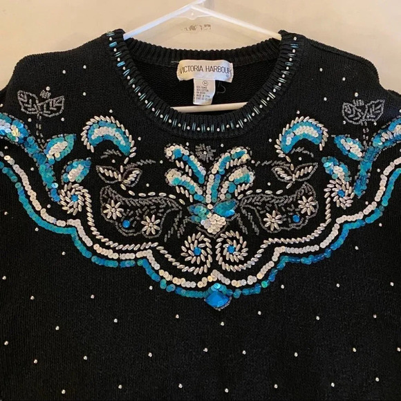 Vintage 80s Grannycore Embellished Pullover Sweater Black Beaded Womens Medium - Picture 3 of 10